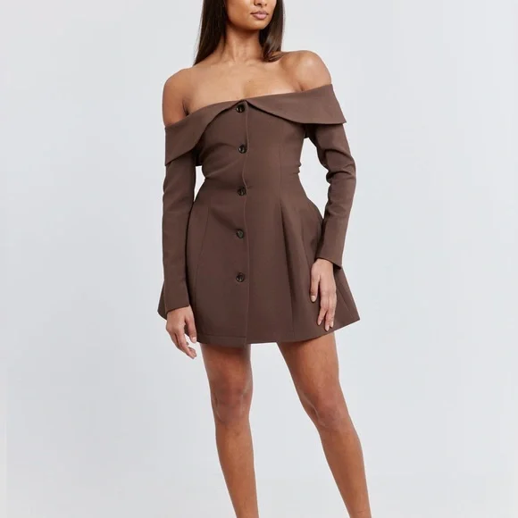 Odd Muse The Ultimate Muse Button Up off shoulder long sleeve Mini Dress Brown - Picture 2 of 9